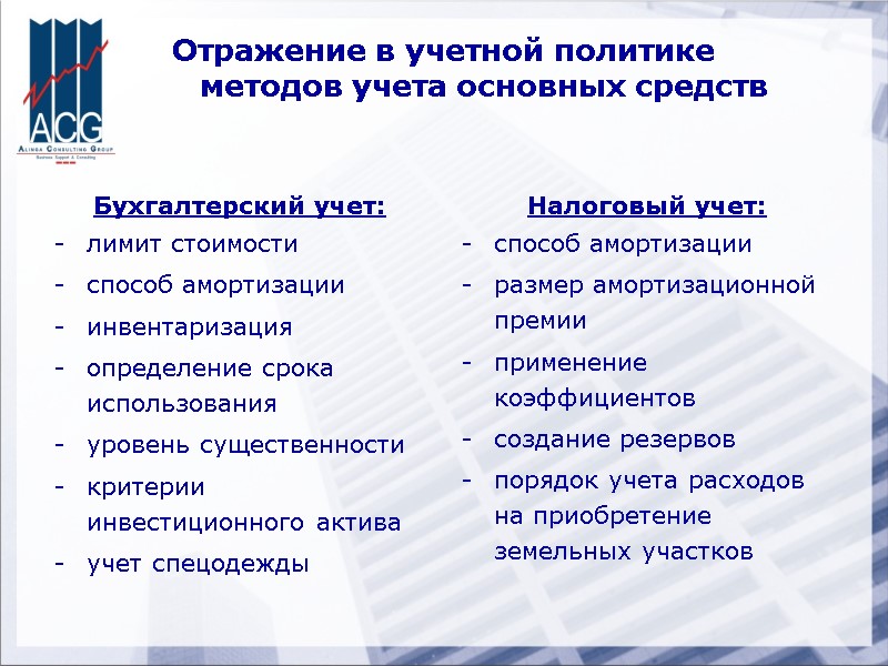 Отражение в учетной политике методов учета основных средств  Бухгалтерский учет: лимит стоимости способ